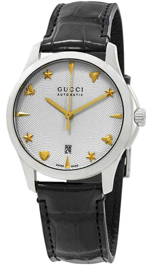 Gucci G Timeless Automatic Silver Dial Black Leather Strap Unisex Watch - YA126468 Authentic Buy Shop Now