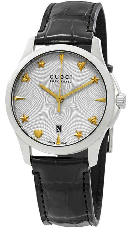 Gucci G Timeless Automatic Silver Dial Black Leather Strap Unisex Watch - YA126468 Authentic Buy Shop Now