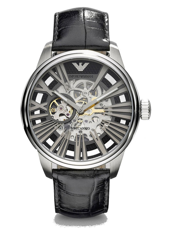 Emporio Armani Meccanico Automatic Black Dial Leather Strap Watch For Men - AR4629 Authentic Buy Shop Now