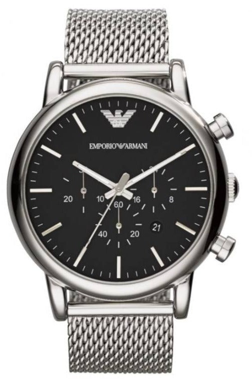 Emporio Armani Classic Chronograph Black Dial Silver Mesh Bracelet Watch For Men - AR1808 Authentic Buy Shop Now