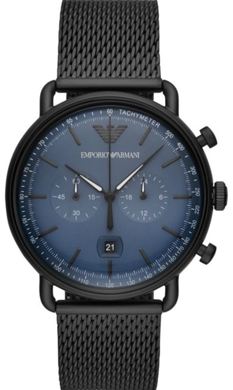 Emporio Armani Aviator Chronograph Blue Dial Black Mesh Bracelet Watch For Men - AR11201 Authentic Buy Shop Now