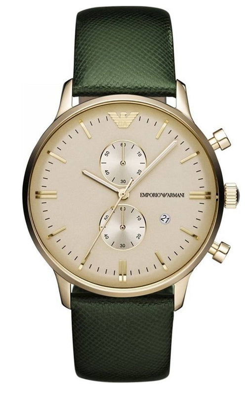 Emporio Armani Chronograph Champagne Dial Green Leather Strap Watch For Men - AR1722 Authentic Buy Shop Now