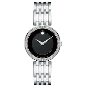 Movado Esperanza 63 Diamonds Black Dial Silver Steel Strap Watch For Women - 0607052 Authentic Buy Shop Now