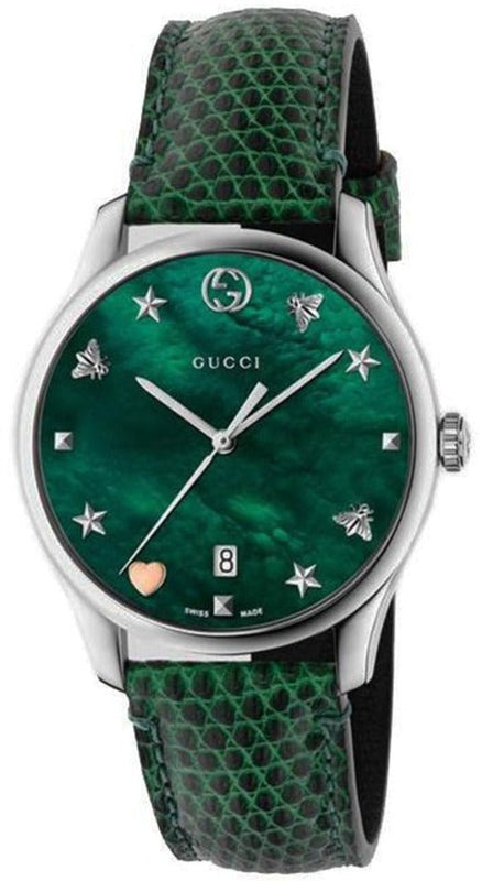 Gucci G-Timeless Mother of Pearl Green Dial Green Leather Strap Watch For Women - YA1264042 Authentic Buy Shop Now