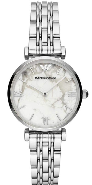 Emporio Armani Gianni T Bar White Marble Dial Silver Steel Strap Watch For Women - AR11170 Authentic Buy Shop Now
