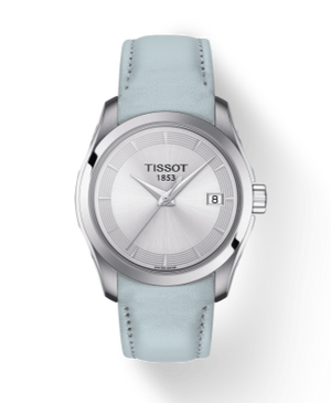 Tissot T Classic Couturier Silver Dial Light Blue Leather Strap Watch For Women - T035.210.16.031.02 Authentic Buy Shop Now