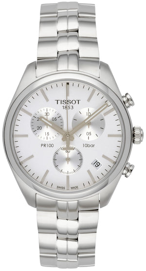Tissot T Classic PR 100 Chronograph Silver Dial Silver Steel Strap Watch For Men - T101.417.11.031.00 Authentic Buy Shop Now