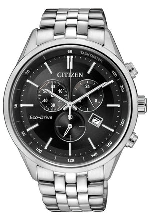 Citizen Eco Drive Chronograph Black Dial Silver Steel Strap Watch For Men - AT2140-55E Authentic Buy Shop Now