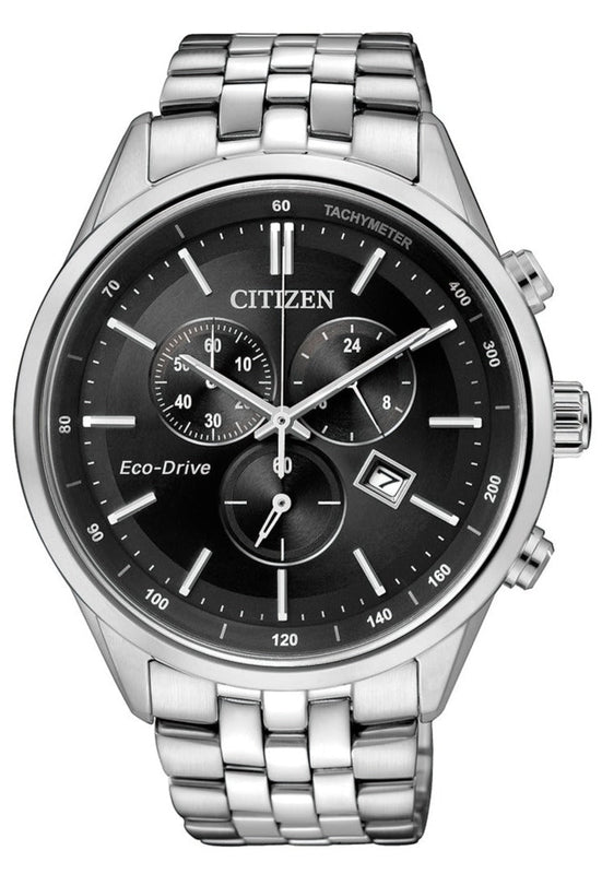 Citizen Eco Drive Chronograph Black Dial Silver Steel Strap Watch For Men - AT2140-55E Authentic Buy Shop Now