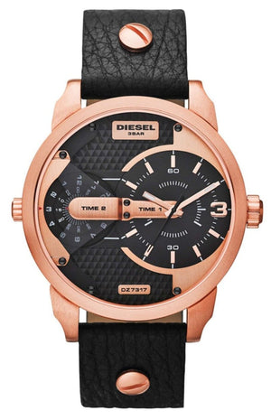 Diesel Mini Daddy Dual Time Black & Gold Dial Black Leather Strap Watch For Men - DZ7317 Authentic Buy Shop Now