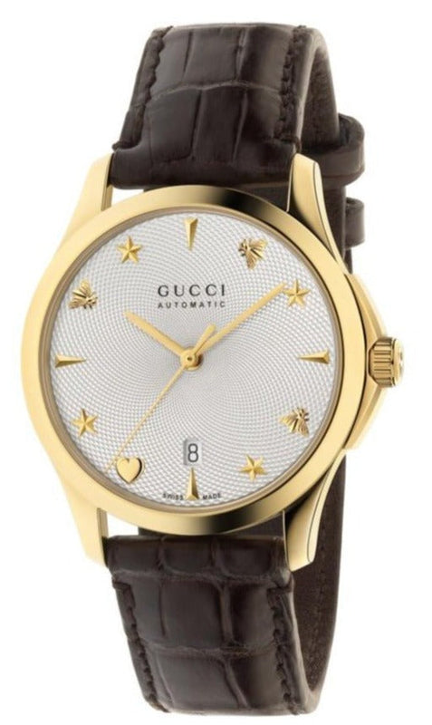 Gucci G Timeless Silver Dial Brown Leather Strap Watch for Men - YA126470 Authentic Buy Shop Now