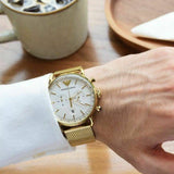 Emporio Armani Aviator Chronograph Quartz Beige Dial Gold Mesh Bracelet Watch For Men - AR11315 Authentic Buy Shop Now