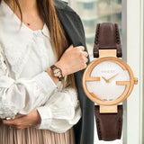 Gucci G Interlocking Mother of Pearl Dial Brown Leather Strap Watch For Women - YA133516 Authentic Buy Shop Now