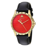 Gucci G Timeless Coral Red Dial Black Leather Strap Watch For Men - YA126464 Authentic Buy Shop Now