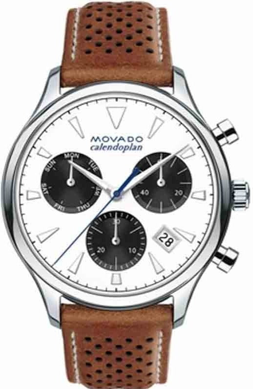 Movado Heritage Calendoplan Chronograph White Dial Brown Leather Strap Watch for Men - 3650008 Authentic Buy Shop Now