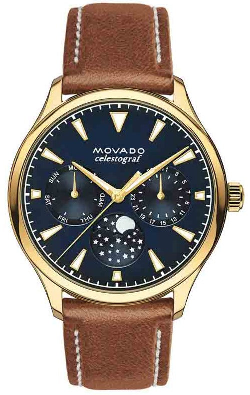 Movado Heritage Celestograf Navy Blue Dial Brown Leather Strap Watch For Women - 3650010 Authentic Buy Shop Now
