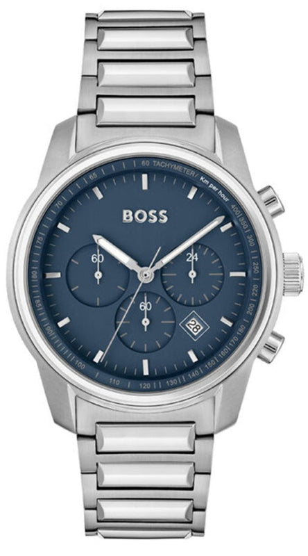 Hugo Boss Trace Chronograph Quartz Blue Dial Silver Steel Strap Watch For Men - 1514007 Authentic Buy Shop Now