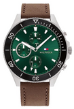 Tommy Hilfiger Larson Chronograph Green Dial Brown Leather Strap Watch For Men - 1791983 Authentic Buy Shop Now