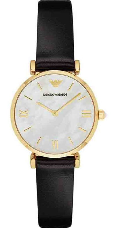 Emporio Armani Gianni T-Bar Quartz Mother of Pearl Dial Black Leather Strap Watch For Women - AR1910 Authentic Buy Shop Now