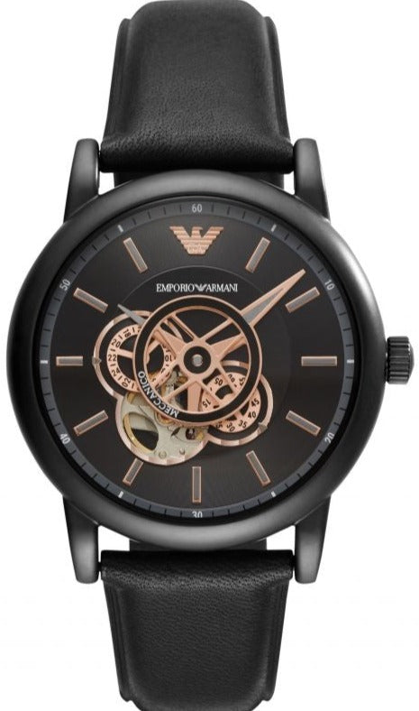Emporio Armani Luigi Automatic Skeleton Black Dial Black Leather Strap Watch For Men - AR60012 Authentic Buy Shop Now