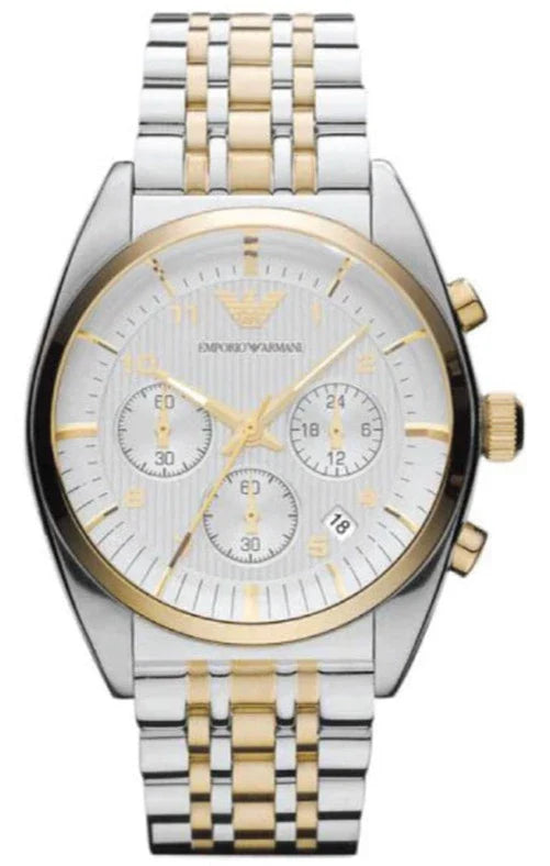 Emporio Armani Classic Chronograph White Dial Two Tone Steel Strap Watch For Men - AR0396 Authentic Buy Shop Now
