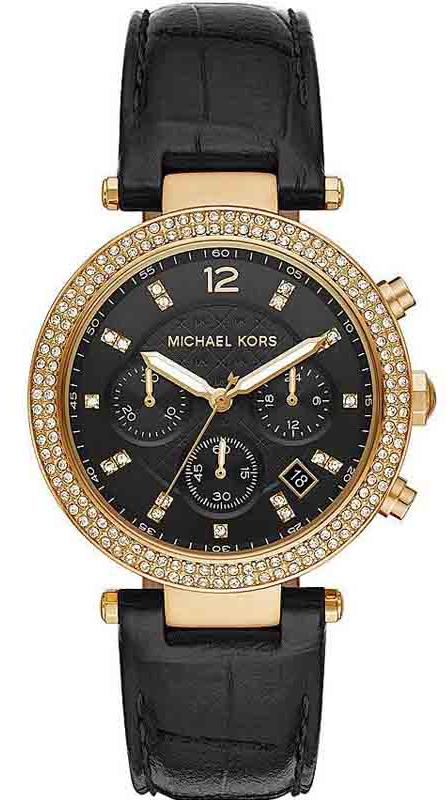 Michael Kors Parker Chronograph Black Dial Black Leather Strap Watch For Women - MK6984 Authentic Buy Shop Now