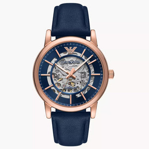 Emporio Armani Meccanico Automatic Blue Dial Blue Leather Strap Watch For Men - AR60050 Authentic Buy Shop Now