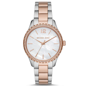Michael Kors Layton Three Hand Mother of Pearl White Dial Two Tone Steel Strap Watch For Women - MK6849 Authentic Buy Shop Now