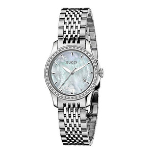 Gucci G Timeless Diamonds Mother of Pearl Dial Silver Steel Strap Watch For Women - YA126506 Authentic Buy Shop Now