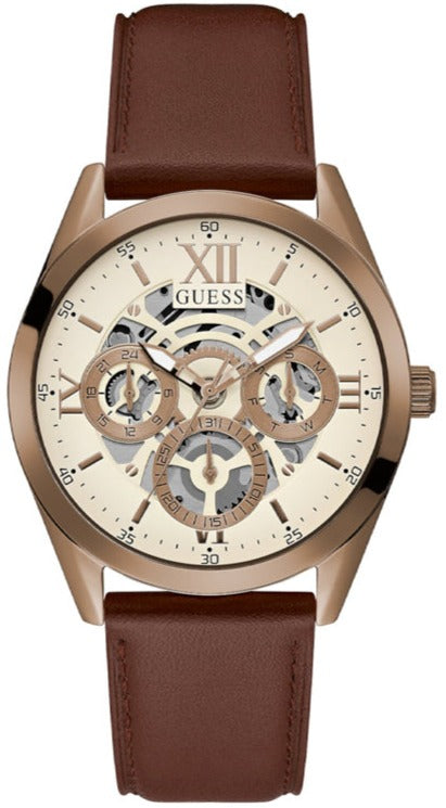 Guess Multi-Function Chronograph White Dial Brown Leather Strap Watch For Men - GW0389G8 Authentic Buy Shop Now