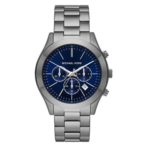 Michael Kors Slim Runway Chronograph Blue Dial Grey Steel Strap Watch For Men - MK8987 Authentic Buy Shop Now