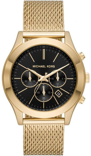 Michael Kors Slim Runway Chronograph Black Dial Gold Mesh Strap Watch For Men - MK9057 Authentic Buy Shop Now