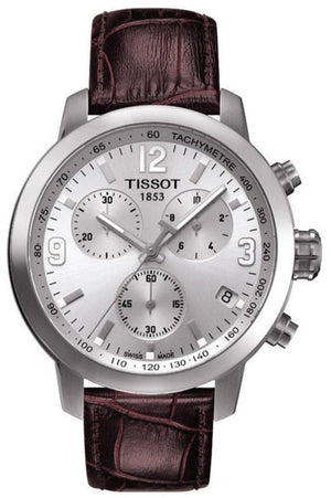 Tissot PRC 200 Chronograph Silver Dial Brown Leather Strap Watch For Men - T055.417.16.037.00 Authentic Buy Shop Now
