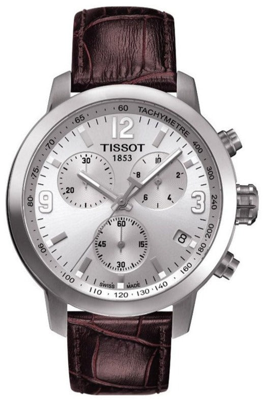 Tissot PRC 200 Chronograph Silver Dial Brown Leather Strap Watch For Men - T055.417.16.037.00 Authentic Buy Shop Now