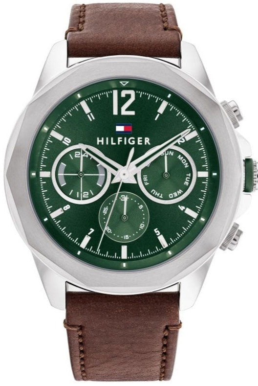 Tommy Hilfiger Lars Chronograph Green Dial Brown Leather Strap Watch For Men - 1792064 Authentic Buy Shop Now