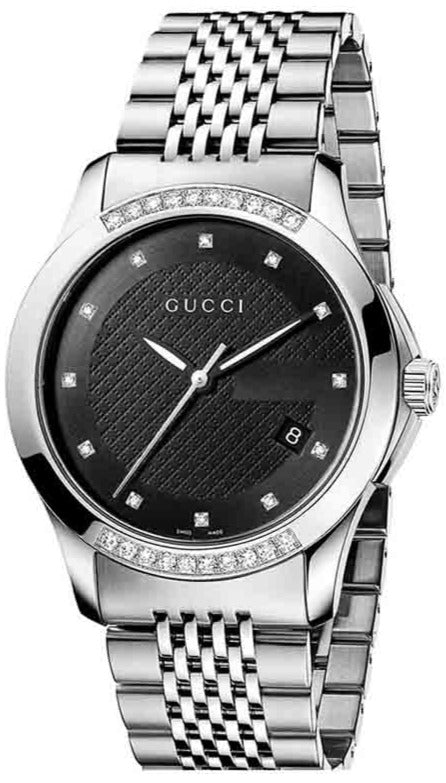 Gucci G Timeless Diamonds Black Dial Silver Steel Strap Watch For Women - YA126408 Authentic Buy Shop Now
