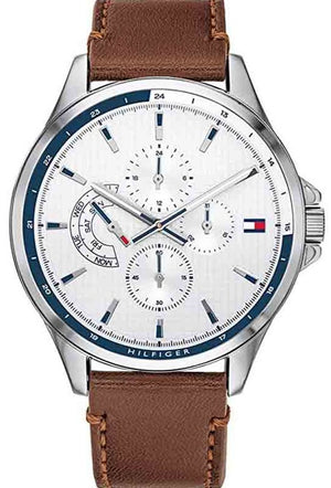 Tommy Hilfiger Multi Function Quartz White Dial Brown Leather Strap Watch for Men - 1791614 Authentic Buy Shop Now