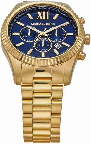 Michael Kors Lexington Chronograph Blue Dial Gold Steel Strap Watch for Men - MK9153 Authentic Buy Shop Now