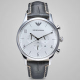 Emporio Armani Classic Chronograph Silver Dial Grey Leather Strap Watch For Men - AR1861 Authentic Buy Shop Now