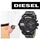 Diesel Little Daddy Chronograph Black Dial Black Leather Strap Watch For Men - DZ7291 Authentic Buy Shop Now