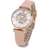 Emporio Armani Meccanico Silver Skeleton Dial Beige Leather Strap Watch For Women - AR60001 Authentic Buy Shop Now