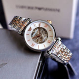 Emporio Armani Gianni T Bar Silver Skeleton Dial Two Tone Strap Watch For Women - AR1992 Authentic Buy Shop Now