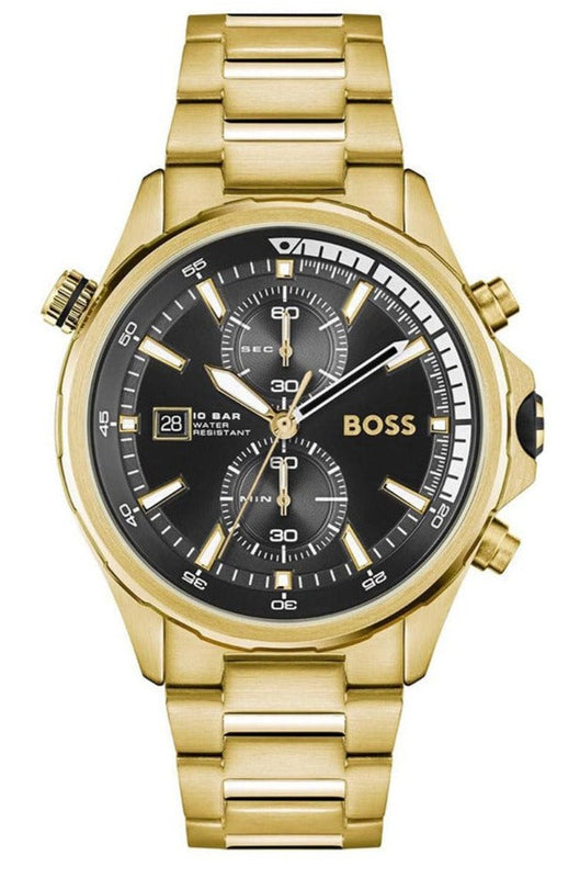 Hugo Boss Globetrotter Chronograph Black Dial Gold Steel Strap Watch for Men - 1513932 Authentic Buy Shop Now