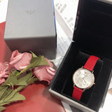 Emporio Armani Kappa Classic Quartz Silver Dial Red Leather Strap Watch For Women - AR11114 Authentic Buy Shop Now