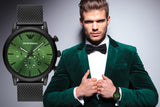 Emporio Armani Luigi Chronograph Green Dial Black Mesh Bracelet Watch For Men - AR11470 Authentic Buy Shop Now