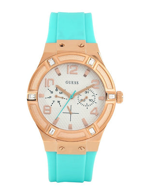 Guess Jet Setter White Dial Turquoise Silicone Strap Watch For Women - W0564L3 Authentic Buy Shop Now