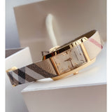 Burberry Pioneer Gold Dial Haymarket Beige Leather Strap Watch for Women - BU9509 Authentic Buy Shop Now