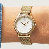 Guess Chelsea Crystals Mother of Pearl White Dial Gold Mesh Bracelet Watch For Women - W0647L7 Authentic Buy Shop Now
