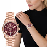 Michael Kors Lexington Chronograph Red Dial Rose Gold Steel Strap Watch For Women - MK7275 Authentic Buy Shop Now