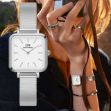 Daniel Wellington Quadro Studio White Dial Silver Mesh Bracelet Watch For Women - DW00100521 Authentic Buy Shop Now